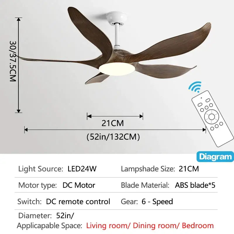 Modern gold leaf ceiling fan with five dark brown abs blades white housing integrated led light and remote control for bedroom