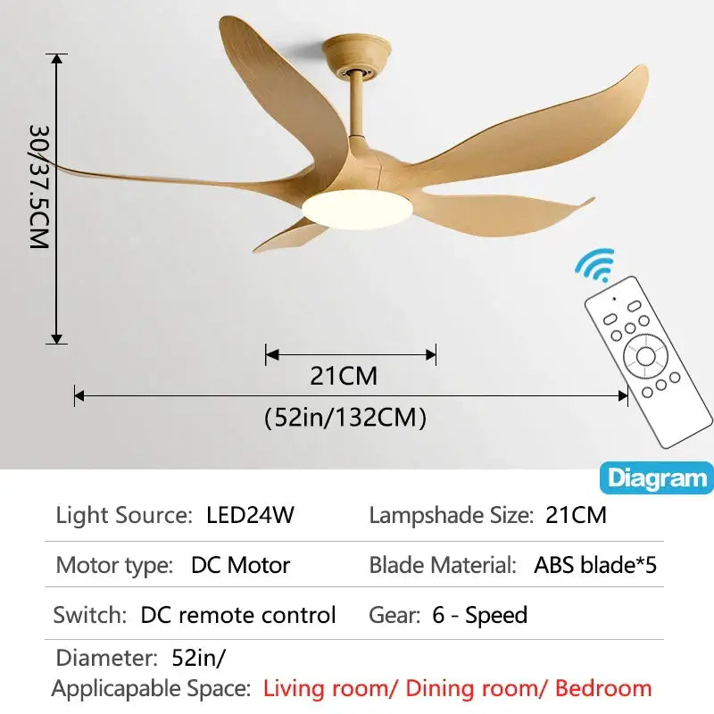 Modern gold leaf ceiling fan with five sleek light brown abs blades and central led light with remote control for bedroom
