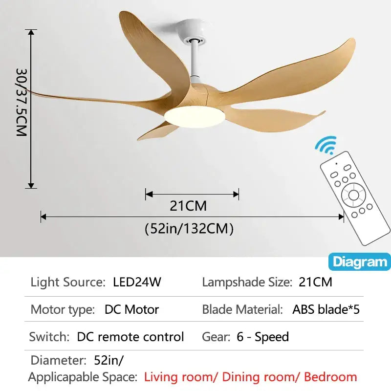 Modern gold leaf ceiling fan with five light wood abs blades, white led light, and remote control for bedroom use