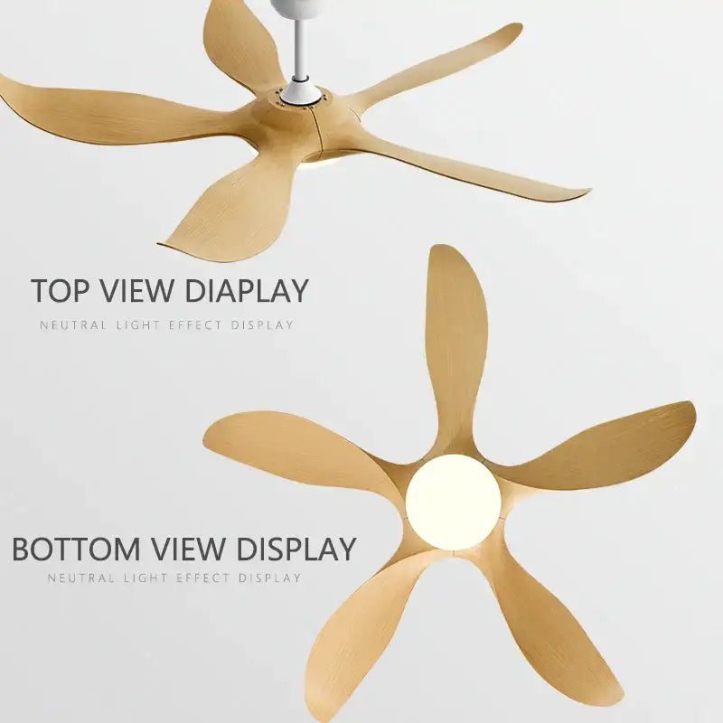 Modern gold leaf ceiling fan with five light wood finish blades led light and remote control for bedroom use