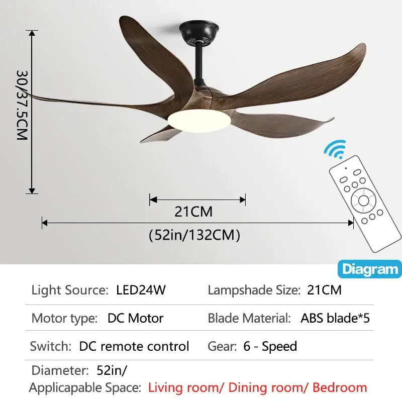 Modern gold leaf ceiling fan with five dark brown abs blades led light and remote control for bedroom use
