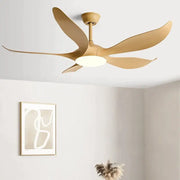 Modern gold leaf ceiling fan with five sleek blades, integrated led light, and remote control for bedroom use