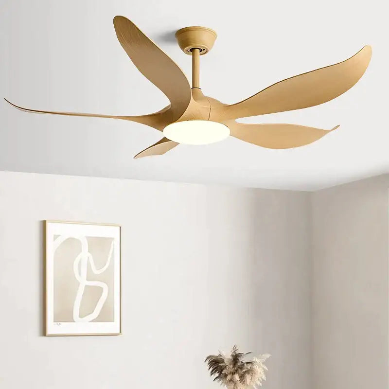 Modern gold leaf ceiling fan with five sleek blades, integrated led light, and remote control for bedroom use