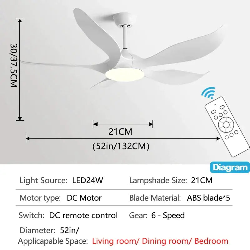 Modern gold leaf ceiling fan with five white ABS blades, integrated LED light, and remote control for bedroom use