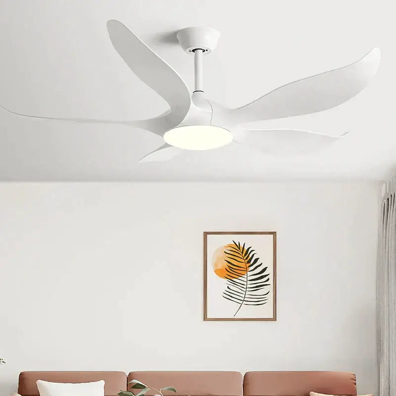 White ceiling fan with sleek modern blades and integrated led light with remote control for bedroom use