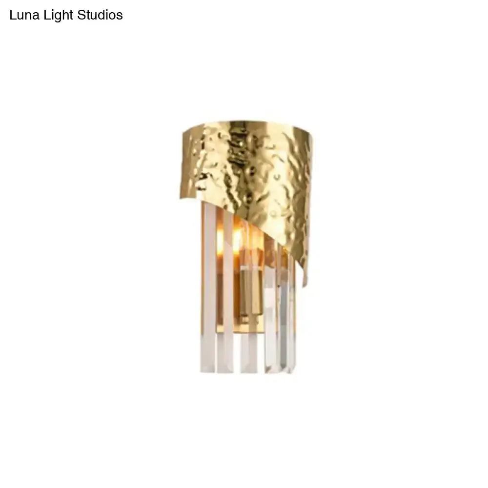 Modern gold leaf crystal block wall sconce with hammered metal band and vertical crystal rods compatible with 220v-240v led lighting
