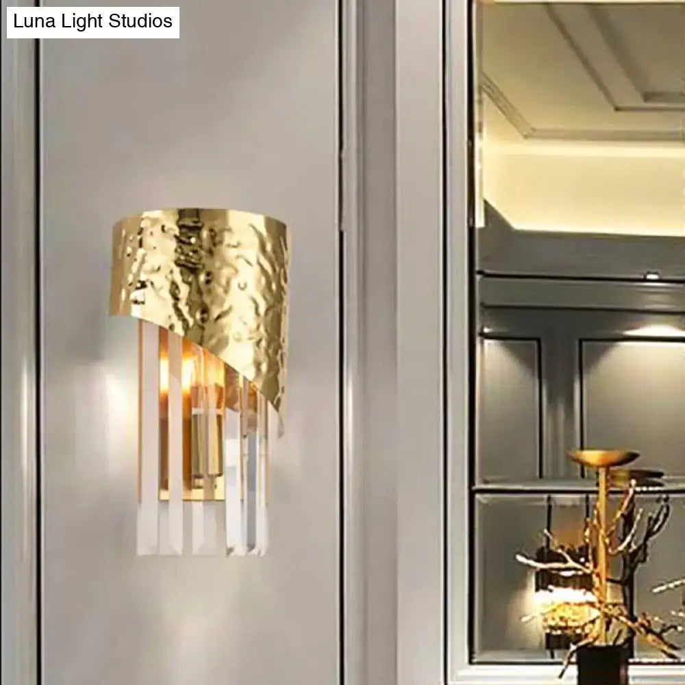 Modern gold leaf crystal block wall sconce with gold-toned hammered metal and vertical crystal prisms for led lighting