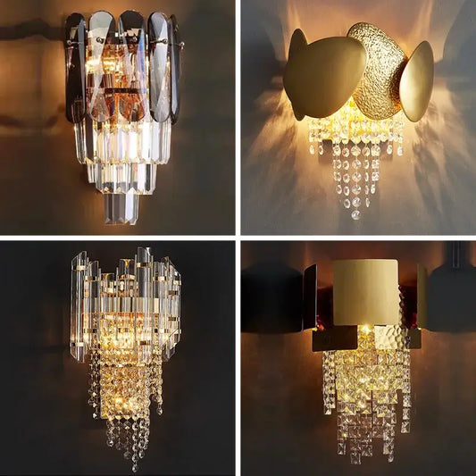 Modern gold leaf crystal wall lamp with textured leaf accents and dangling beads for elegant bedroom lighting decorbites crystal wall