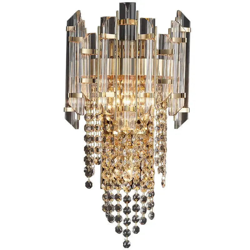 Modern gold leaf crystal wall lamp featuring gold-toned sconce with vertical rods and cascading faceted beads decorbites crystal wall