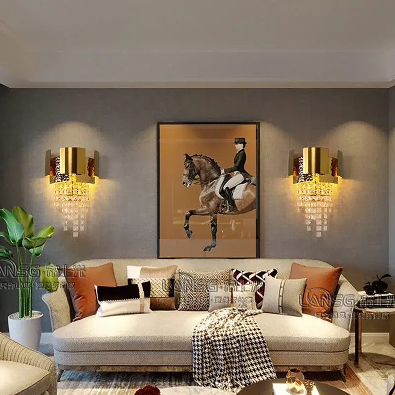 Modern gold leaf crystal wall lamp with tiered gold-toned design ideal for elegant bedroom decorbites crystal wall lighting