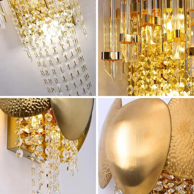 Modern gold leaf crystal wall lamp with hammered metal finish and cascading clear crystal droplets for bedroom decorbites crystal wall lighting