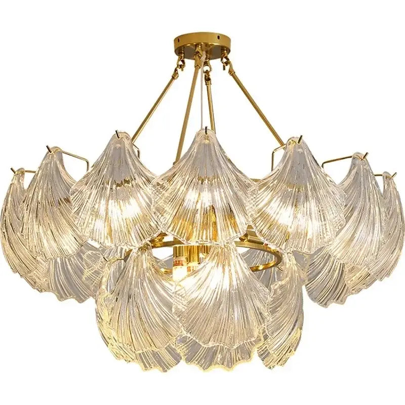 Modern gold leaf decorbites crystal glass chandelier with translucent ribbed glass shell shades for dining room lighting