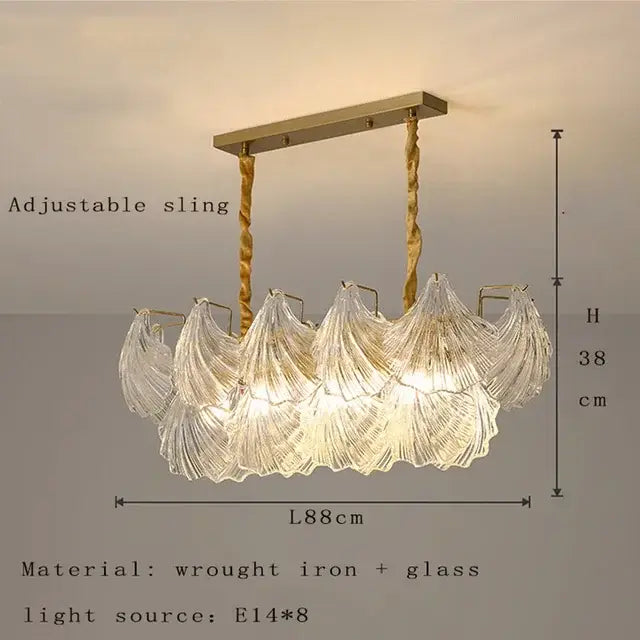 Modern gold leaf decorbites crystal glass chandelier with gold wrought iron frame and shell shades for dining room light