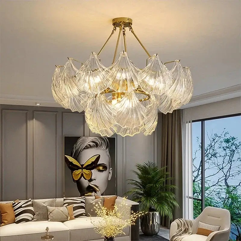 Modern gold leaf decorbites crystal glass chandelier with translucent fan-shaped shades for dining room light