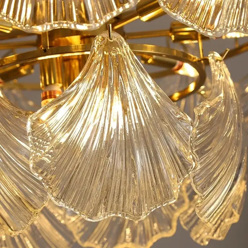Modern gold leaf decorbites crystal glass chandelier with golden frame and ribbed translucent shell-like shades for dining room lighting