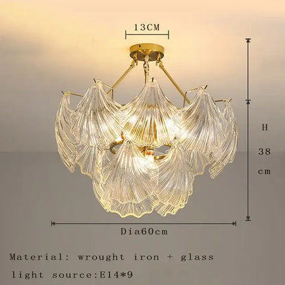 A modern gold leaf decorbites crystal glass chandelier with intricate glass fan-shaped shades made of wrought iron