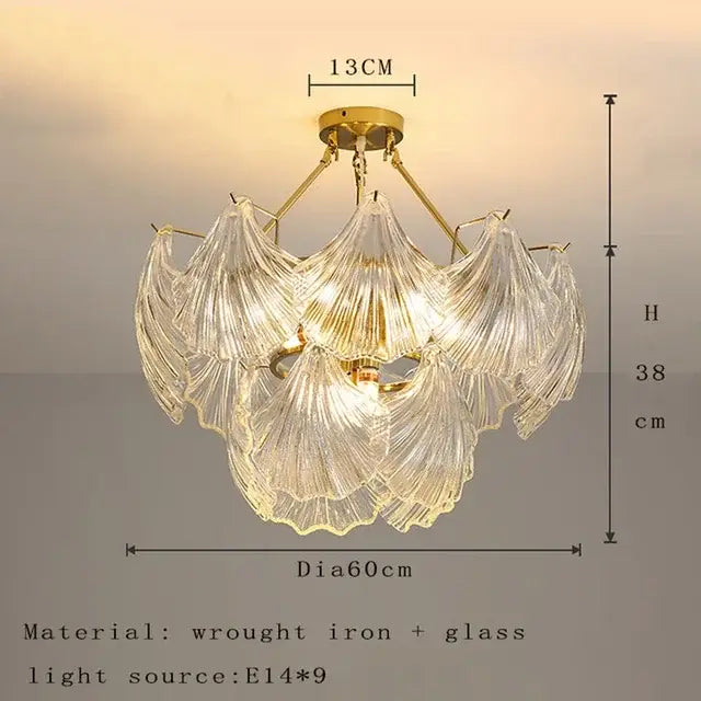 A modern gold leaf decorbites crystal glass chandelier with intricate glass fan-shaped shades made of wrought iron