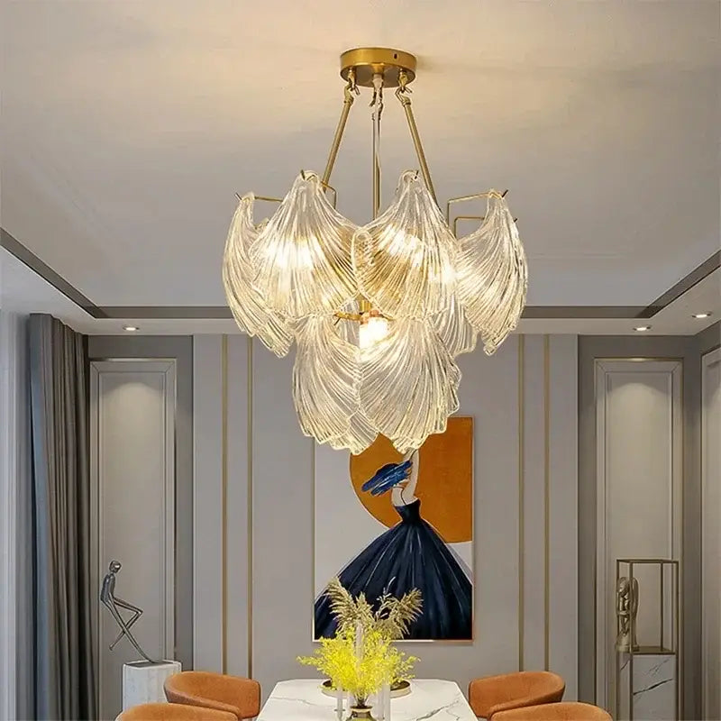 Modern gold leaf decorbites crystal glass chandelier with translucent leaf-shaped glass shades for dining room light