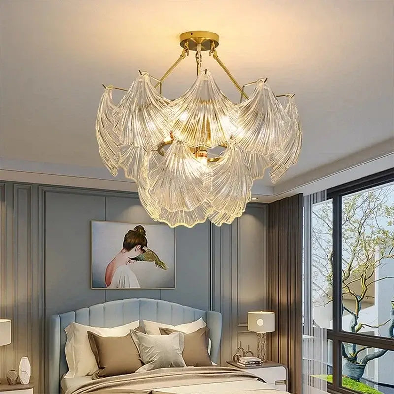 Modern gold leaf decorbites crystal glass chandelier with translucent fan-shaped glass shades for dining room lighting