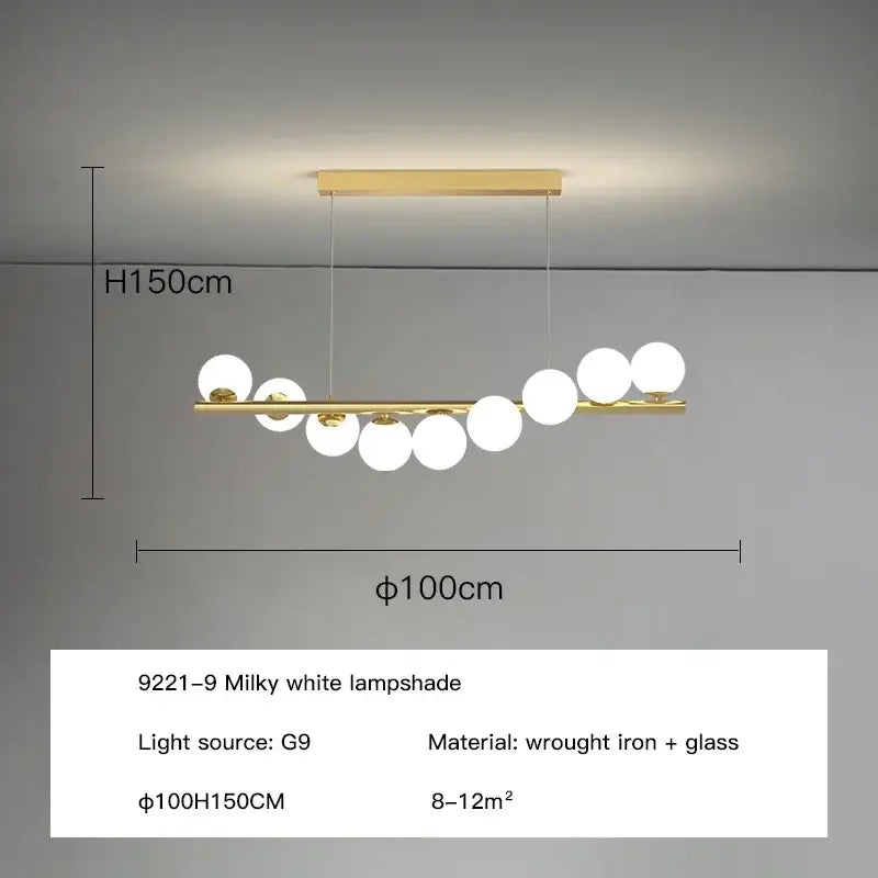 Modern gold led ceiling chandeliers with nine milky glass globes on a sleek horizontal bar for dining rooms