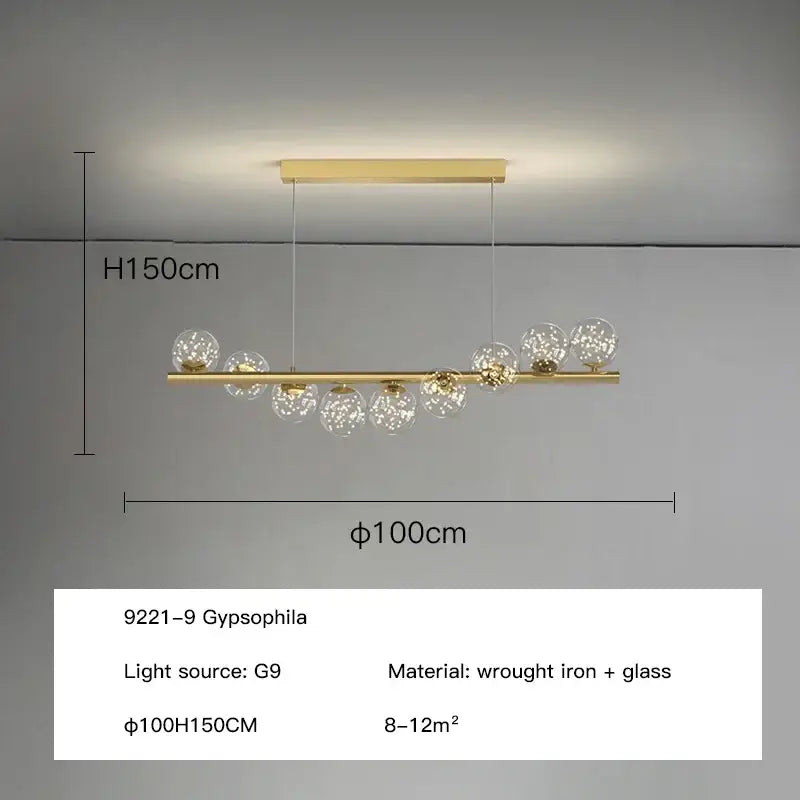 Modern gold led ceiling chandeliers with sleek wrought iron bar and clear glass globe pendants for dining room lighting