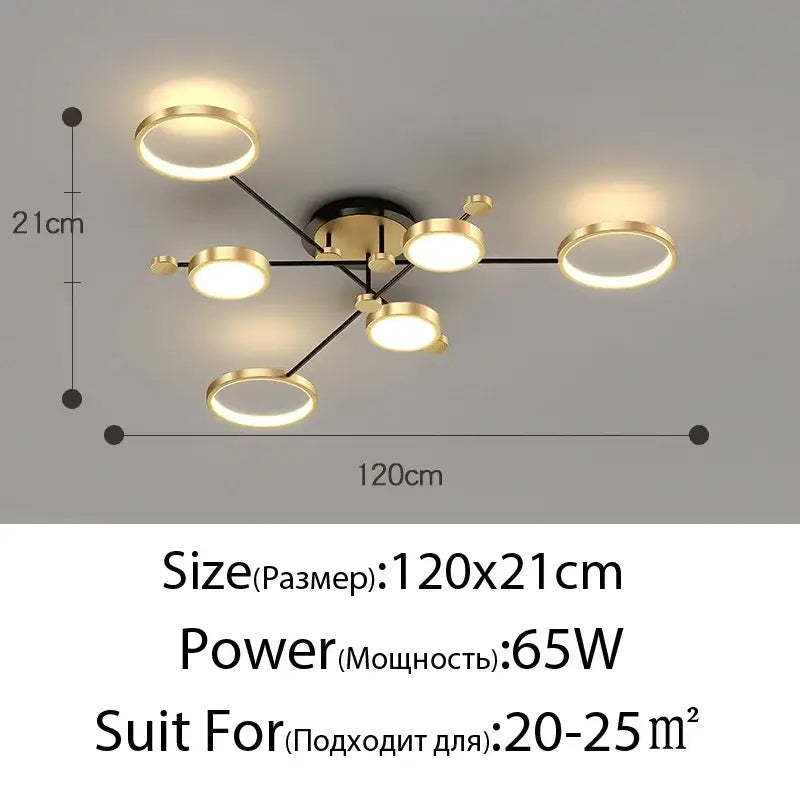 Modern gold led ceiling lamp with six black and gold rings and multiple circular led bulbs for living room use