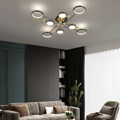 Modern black and gold led ceiling lamp with six illuminated rings for living room lighting and elegant ceiling decor