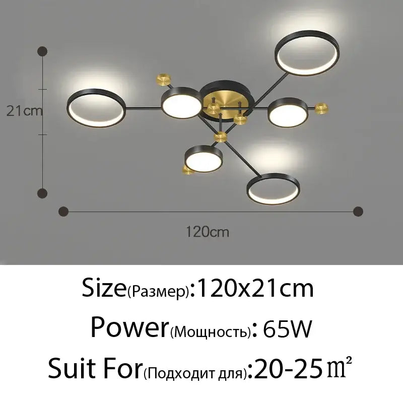 Modern black and gold led ceiling lamp with six circular illuminated rings for stylish living room lighting
