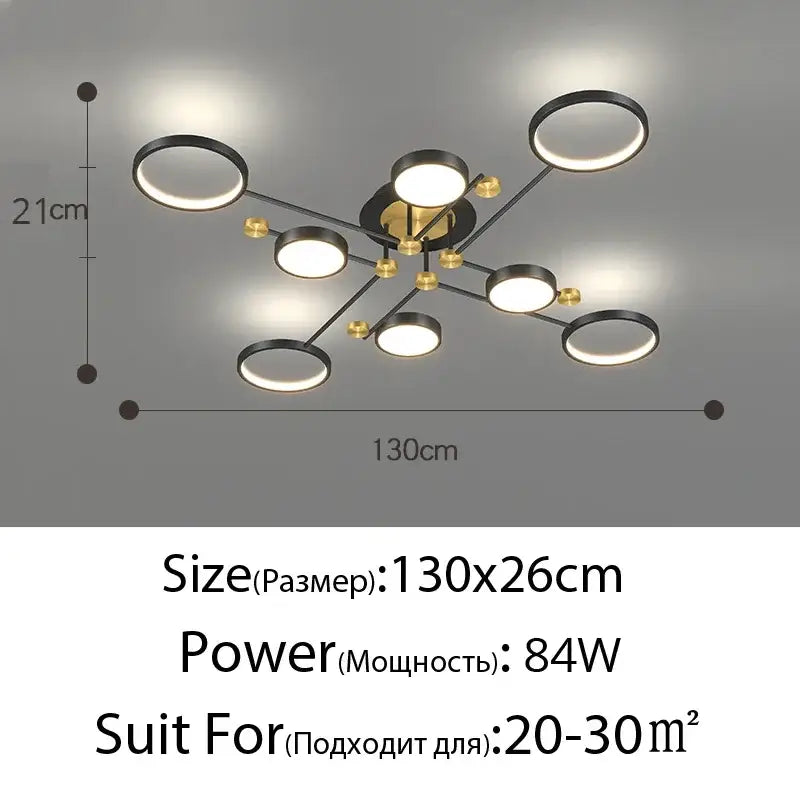 Modern black and gold led ceiling lamp with six illuminated circular rings for living room lighting
