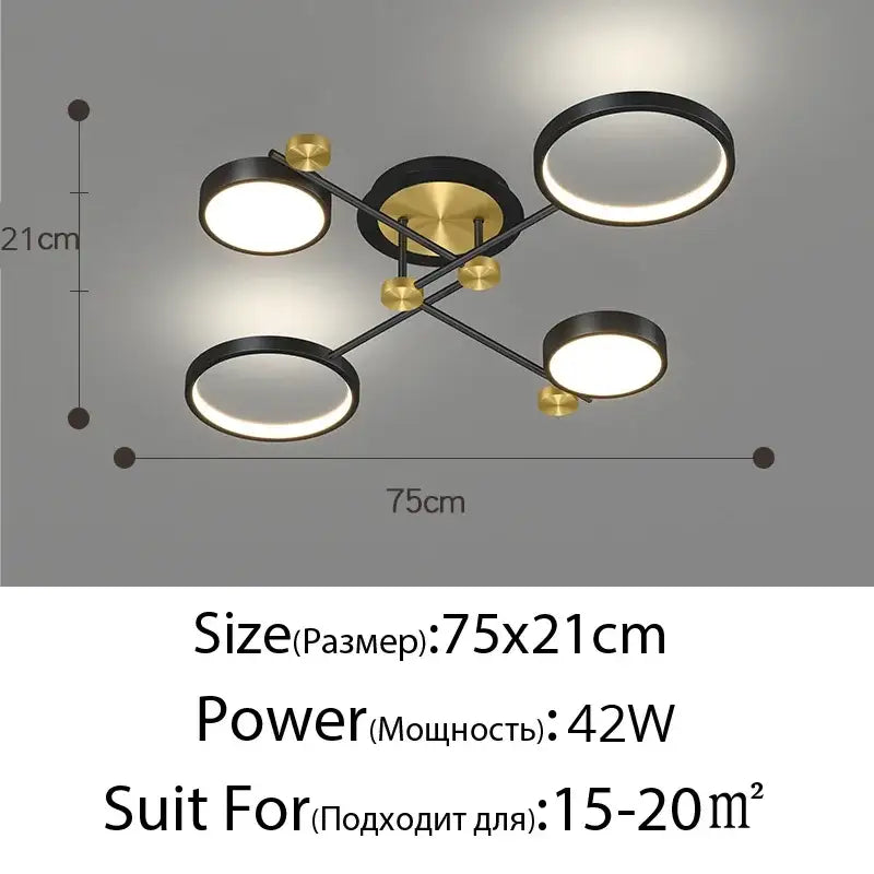 Modern black and gold led ceiling lamp with six intersecting rings for elegant living room lighting
