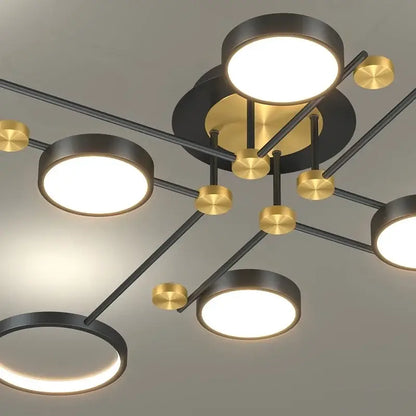 Modern black and gold led ceiling lamp with six illuminated circular discs for living room lighting