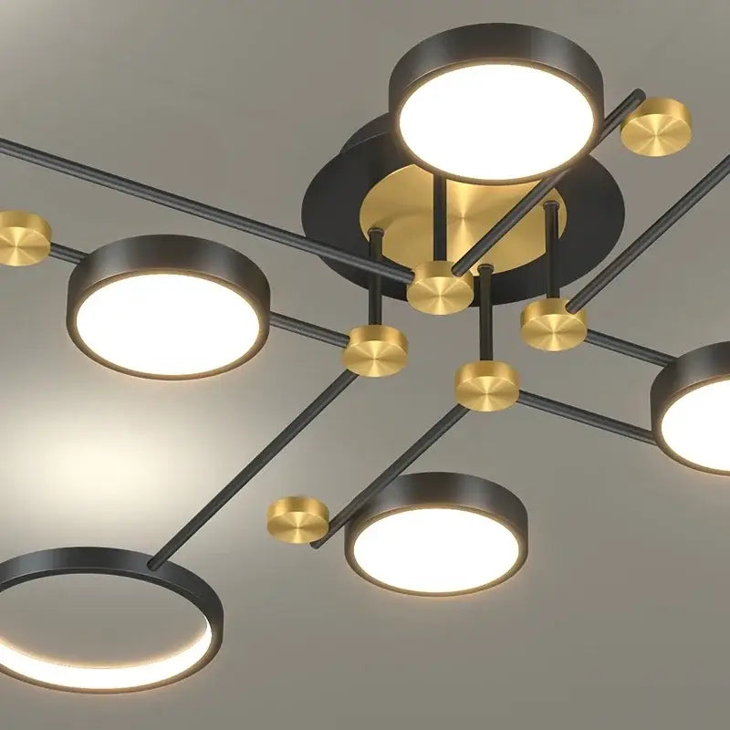 Modern black and gold led ceiling lamp with six illuminated circular discs for living room lighting