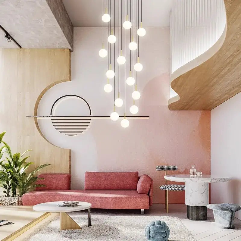Modern gold led ceiling lamp chandelier with multiple white spherical bulbs suspended by thin gold-toned cords for dining room decorbites led ceiling