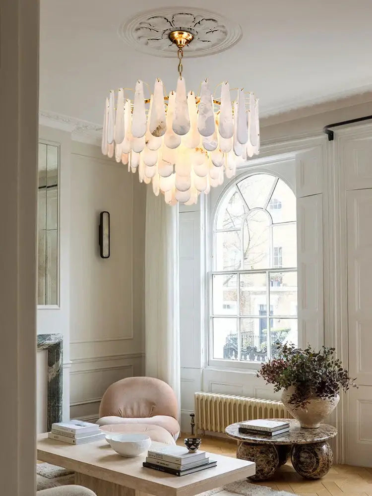 Elegant white glass chandelier with gold-toned central fixture from led dimmable marble collection for dining room