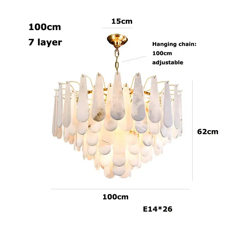 Elegant 7-layer chandelier led dimmable with teardrop white marble shades and gold frame for dining room lighting