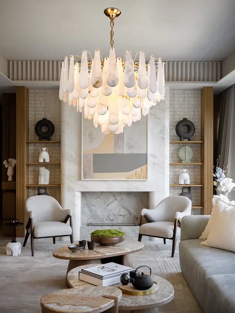 Modern gold led dimmable chandelier with cascading white teardrop glass from the dimmable marble collection for dining room