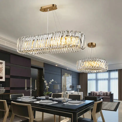 Modern rectangular decorbites led island pendant with clear crystal shade and gold-toned hanging light fixture