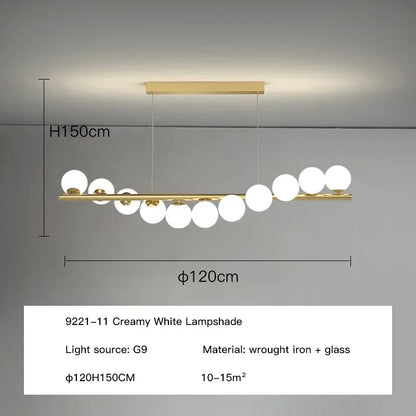 Modern gold led long chandelier with a sleek wrought iron frame and creamy white glass ball shades for dining room decorbites glass ball ball g9 led