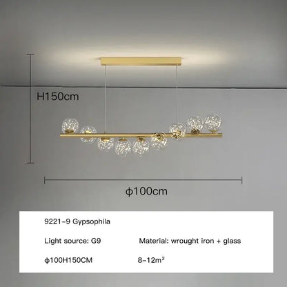 Modern gold led long chandelier with sleek wrought iron bar and clear glass ball pendants for decorbites glass ball lighting