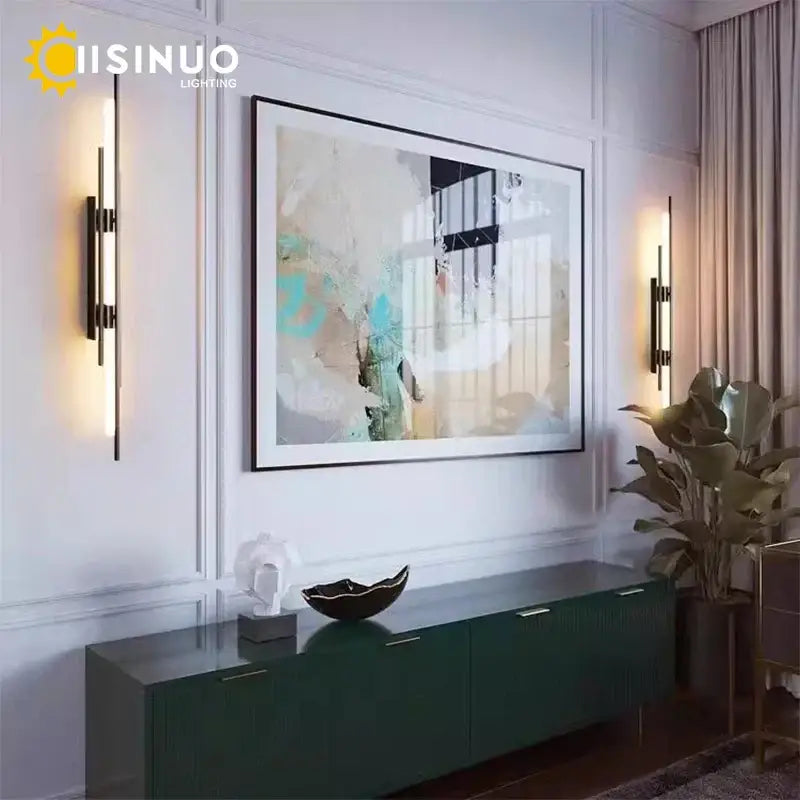 Modern gold led long liner wall sconce with black metal vertical bars and warm light for living room decorbites led long