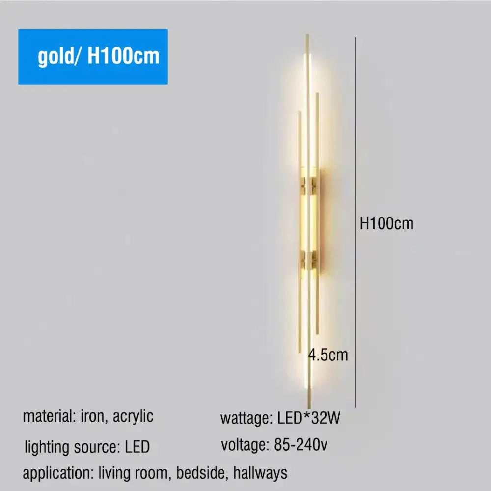 Modern gold led long liner wall sconce with three vertical acrylic rods and iron fixtures for living room decorbites led long