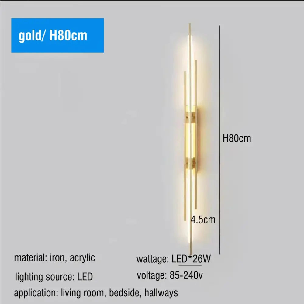 Modern gold led long liner wall sconce with three vertical led light bars mounted on iron and acrylic for living room decorbites led long
