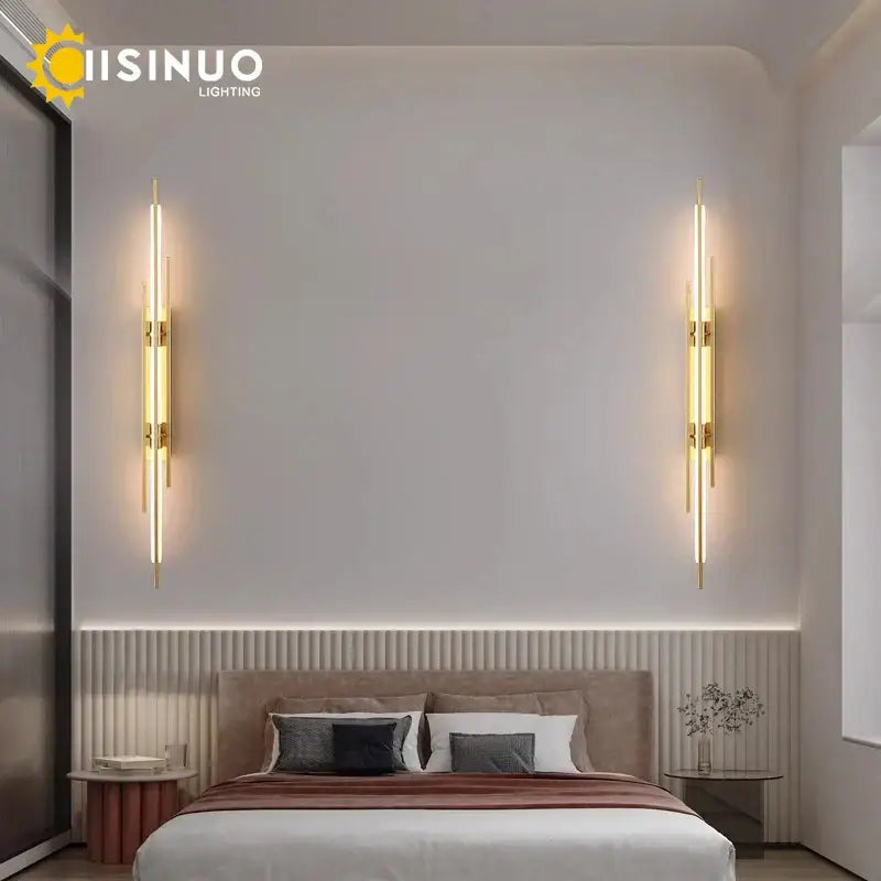 Modern gold led long liner wall sconce with vertical led strips and minimalist metal frame for living room decorbites led long lighting