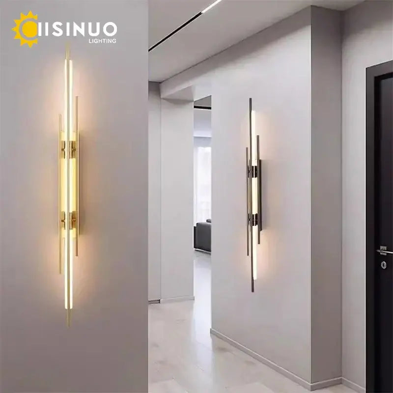 Modern gold led long liner wall sconce with sleek vertical led strips and minimalist metal accents for living room decorbites led long