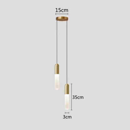 Modern gold led pendant lamp with two cylindrical frosted glass shades and gold metal accents for bedroom and kitchen lighting