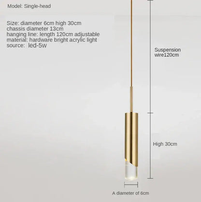 Modern gold led pendant light with a gold-toned cylindrical design and clear acrylic base for dining room decorbites gold led