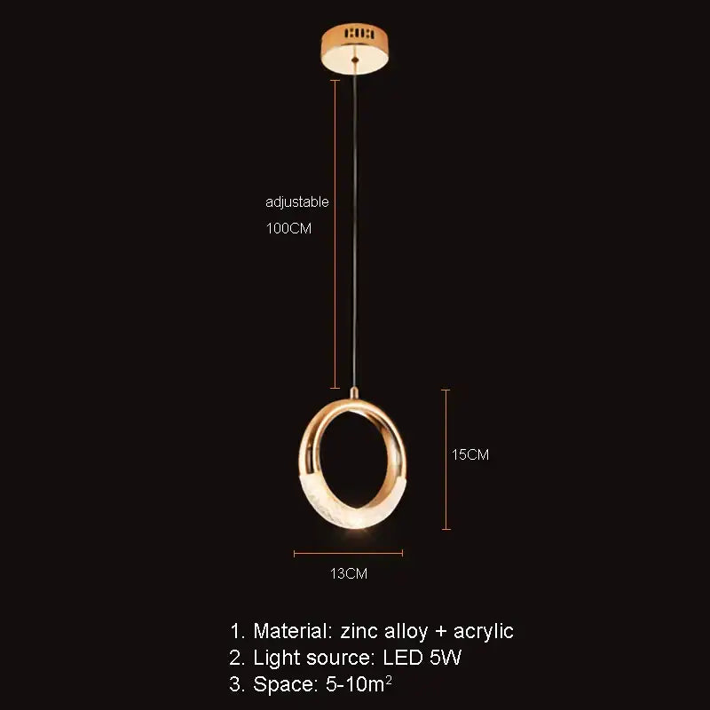Modern gold led pendant light with zinc alloy and acrylic ring design, adjustable 100cm hanging length for dining room decorbites gold led