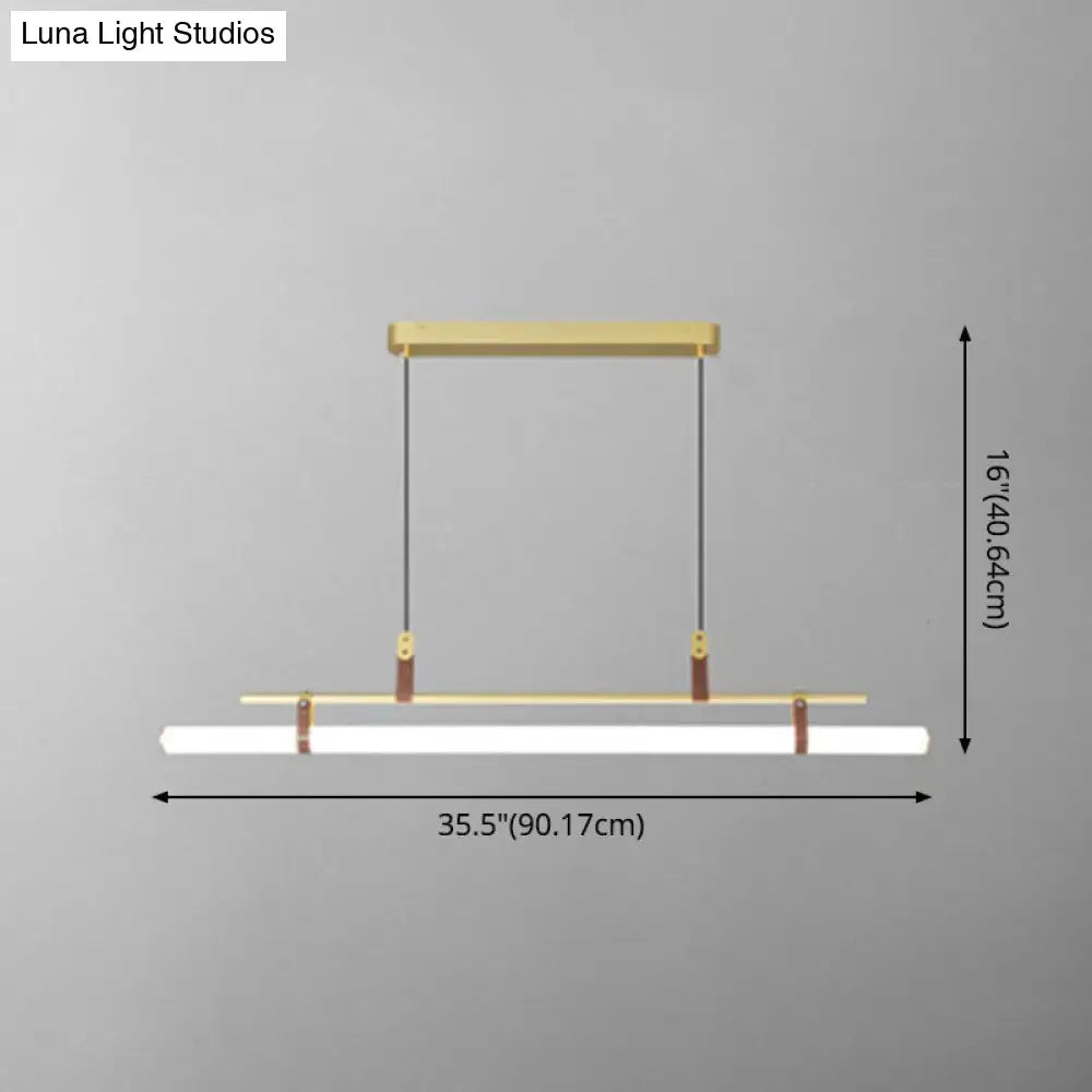 Modern gold led pendant light with leather features a sleek gold metal frame and white led strip for dining room lighting