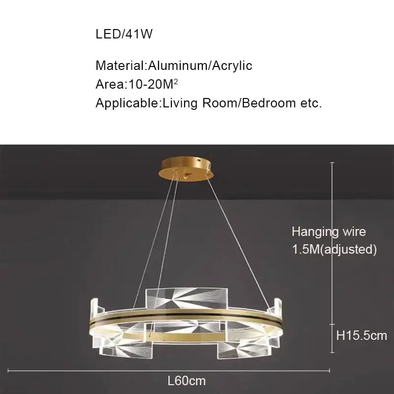 Modern gold led pendant chandelier with circular aluminum frame and clear acrylic panels for dining room decorbites gold led