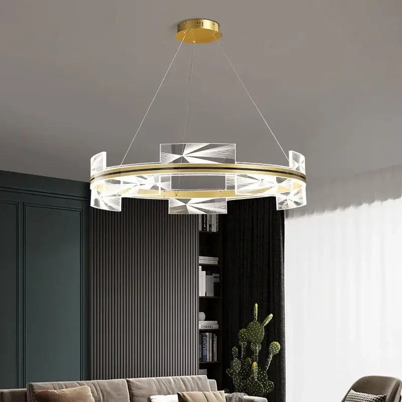 Modern gold led pendant lights crystal chandelier with gold-toned metal frame and clear faceted crystals decorbites gold led